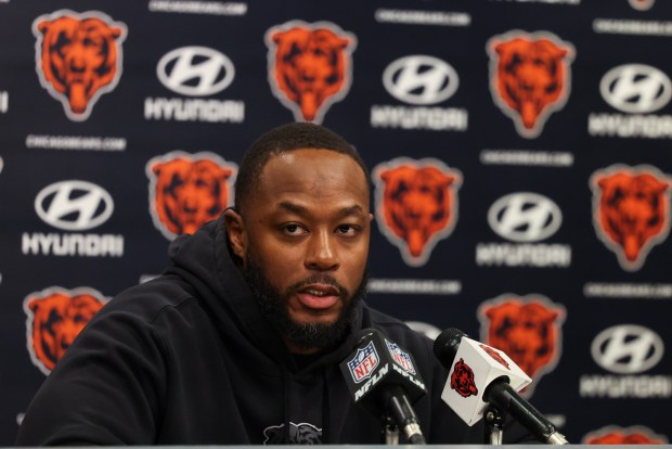 Chicago Bears head coach Thomas Brown speaks with the media about his season with the Chicago Bears at Halas Hall on Jan. 6, 2025 in Lake Forest. (Stacey Wescott/Chicago Tribune)