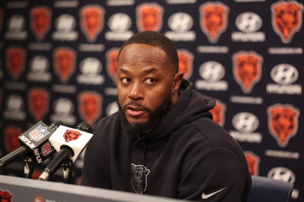 Chicago Bears head coach Thomas Brown speaks with the media at Halas Hall on Jan. 6, 2025 in Lake Forest. (Stacey Wescott/Chicago Tribune)