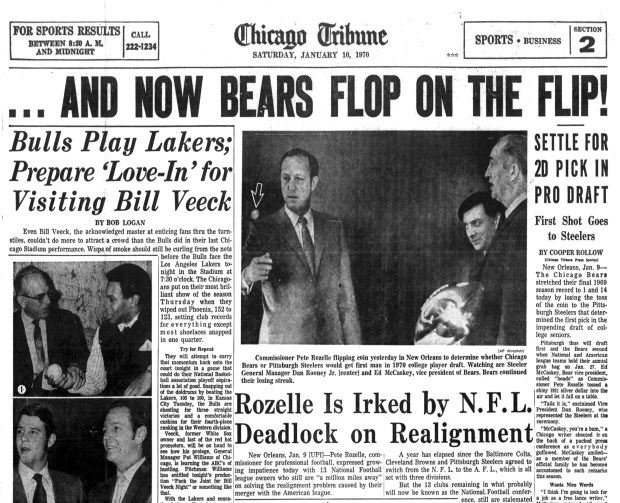 The Chicago Bears lost a coin flip on Jan. 9, 1970, to the Pittsburgh Steelers for the No. 1 pick in the 1970 NFL draft. (Chicago Tribune)