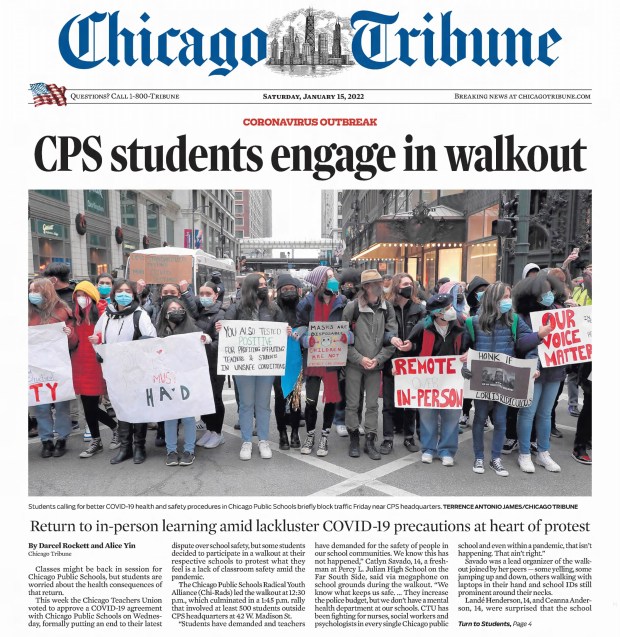 Chicago Public Schools students participated in a walkout on Jan. 14, 2022, at their respective schools then later in the day outside CPS headquarters over what they felt was a lack of classroom safety amid the coronavirus pandemic. (Chicago Tribune)