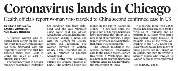 On Jan. 24, 2020, a Chicago woman became the second person in the United States diagnosed with the coronavirus. (Chicago Tribune)