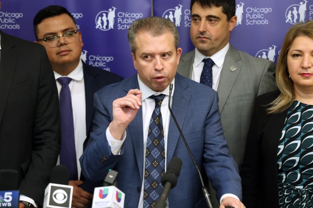 Chicago Public Schools CEO Pedro Martinez holds a press conference after the Chicago Board of Education voted on Dec. 20, 2024, to terminate his employment contract. (Terrence Antonio James/Chicago Tribune)