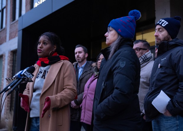 Chicago Teachers Union President Stacy Davis Gates holds a collective-bargaining update press conference at CTU headquarters on Jan. 2, 2025. (E. Jason Wambsgans/Chicago Tribune)