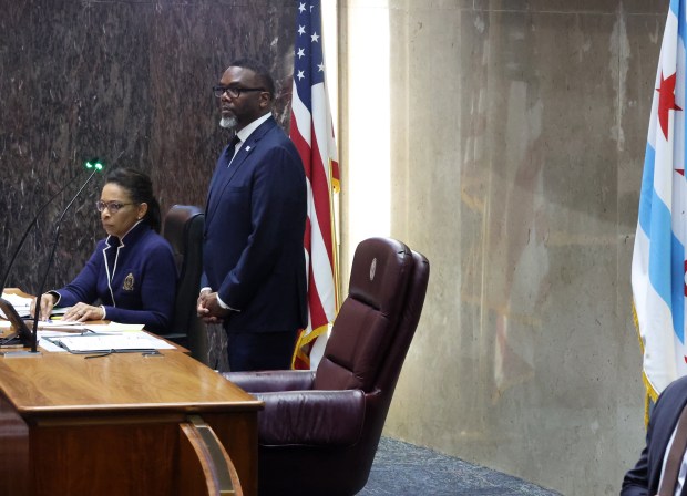 Mayor Brandon Johnson listens to comments from aldermen about a pending vote on the city's budget during a City Council meeting at City Hall on Dec. 16, 2024. (Terrence Antonio James/Chicago Tribune)