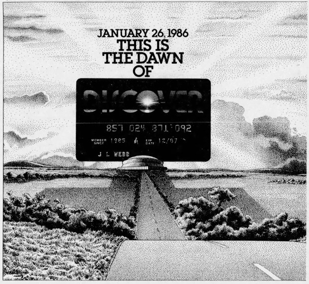 Sears published advertisements in the Tribune on Jan. 26, 1986 and bought time for "kick-off commercials" to run during Super Bowl XX to announce the launch of its Discover Card credit card. (Chicago Tribune)