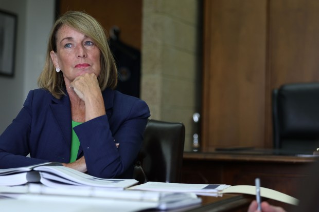 DuPage County Board Chair Deb Conroy participates in a budget meeting in her office in Wheaton on July 18, 2024. (Stacey Wescott/Chicago Tribune)