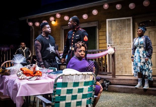 Victor Musoni, Trumane Alston, Sheldon D. Brown, E. Faye Butler and Ireon Roach in "Fat Ham" at the Goodman Theatre. (Liz Lauren)