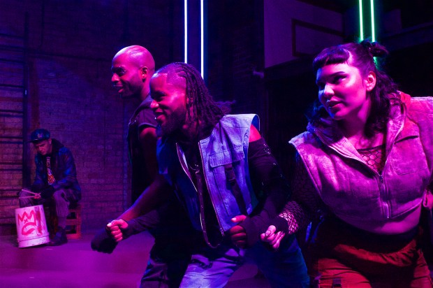 Jesús Barajas (as Pablo), Brian Nicholas Carter (Clemens), Terrence Mayfield Jr. (Samuel) and Shaina Toledo (Langhorne) in Lifeline Theatre's "Kid Prince and Pablo." (Jackie Jasperson)