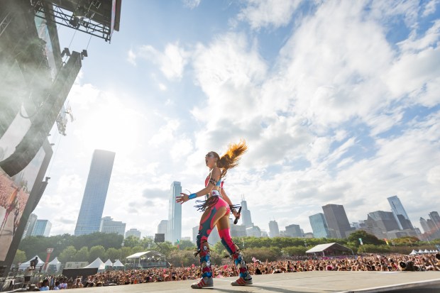 Chappell Roan performs on the T-Mobile stage at Lollapalooza in Chicago's Grant Park on Aug. 1, 2024. (Tess Crowley/Chicago Tribune)