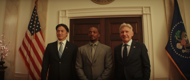 In "Captain America: Brave New World," opening in Feb. 2025, Anthony Mackie (center, with Takehiro Hira and Harrison Ford) continues his gig as Sam Wilson aka Captain America. (Marvel Studios)