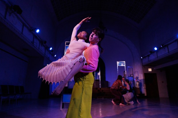 From left, Taylor Taylor and Lucy Riner of the RE Dance group rehearse at Ebenezer Lutheran Church on Jan. 15, 2025. (Armando L. Sanchez/Chicago Tribune)