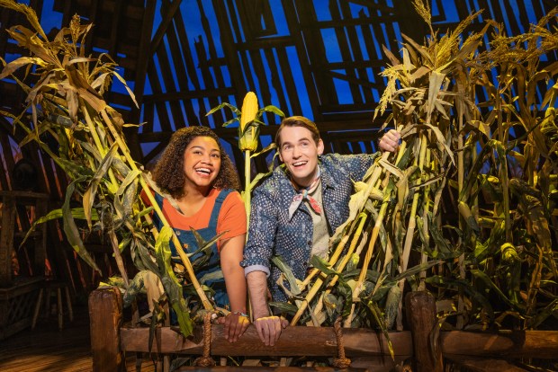 Maya Lagerstam and Tyler Joseph Ellis in the North American tour of "Shucked," in Chicago at the CIBC Theatre. (Matthew Murphy and Evan Zimmerman)