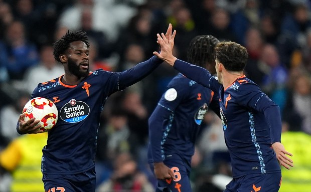 Jonathan Bamba of Celta Vigo celebrates scoring his team's first goal during a Copa Del Rey match against Real Madrid on Jan. 16, 2025, in Madrid. (Angel Martinez/Getty Images)