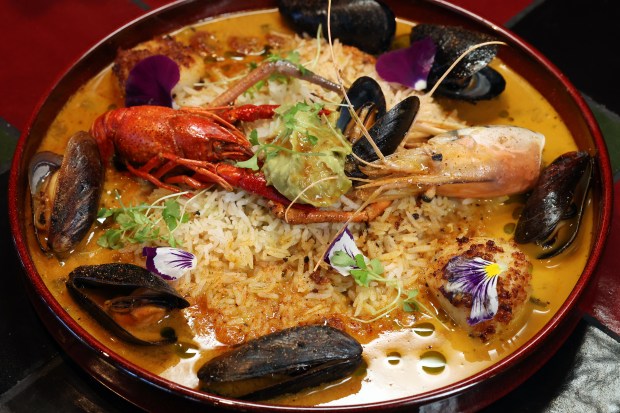 The cazuela de mariscos seafood stew at Mahari, 1504 E. 55th St. in Chicago, Jan. 23, 2025. (Terrence Antonio James/Chicago Tribune)