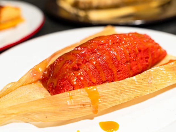 The strawberry tamal with salted caramel sauce from Santa Masa Tamaleria. (Kim Kovacik)