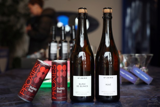 The nonalcoholic beverage store called In Good Spirits, in Chicago, displays Proxies Bubbly Red wine and Oddbird Blanc de Blancs and Rosé wines on Dec. 31, 2024. (Terrence Antonio James/Chicago Tribune)