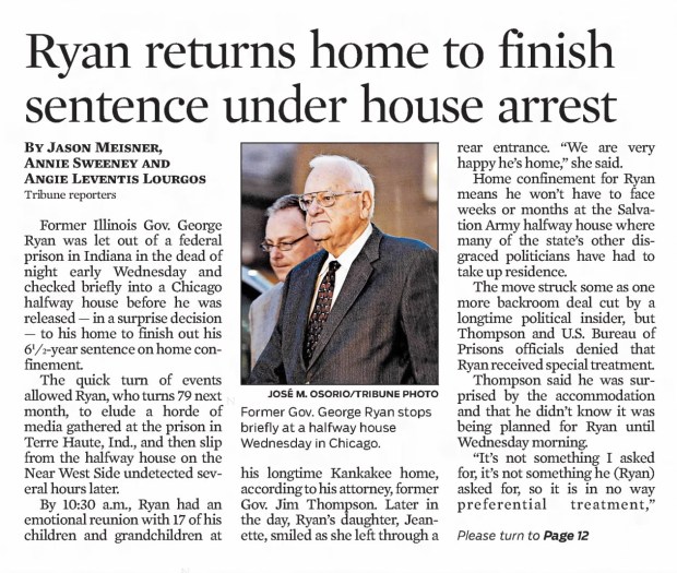 Former Illinois Gov. George Ryan spent more than five years in federal prison in Terre Haute, Ind. before he was released to a halfway house on the West Side on Jan. 30, 2013. He checked in and then on the same day was released to his home in Kankakee. (Chicago Tribune)