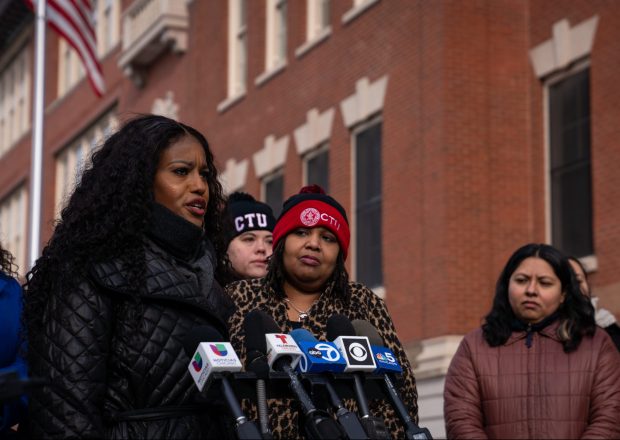 Stacy Davis Gates, president of the Chicago Teachers Union, speaks to the media after Hamline Elementary School blocked the entry of federal immigration officers into the school on Jan. 24, 2025. The officers were later found to be Secret Service agents investigating a threat. (Audrey Richardson/Chicago Tribune)