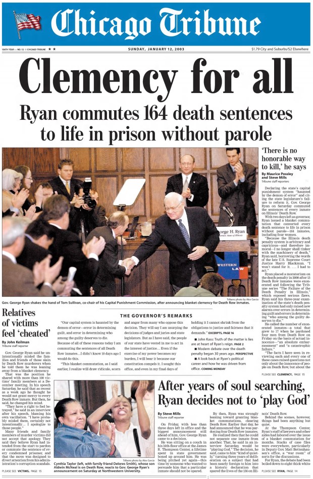 Outgoing Illinois Gov. George Ryan on Jan. 11, 2003, commuted the sentence of every inmate on the state's Death Row. (Chicago Tribune)