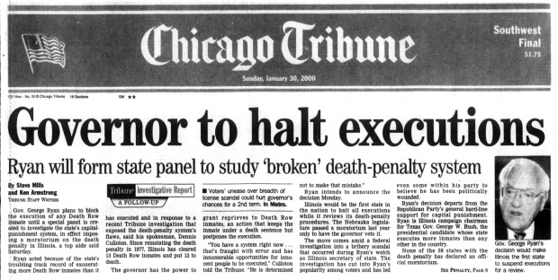 Following a Tribune investigation that exposed the death-penalty system's flaws, Illinois Gov. George Ryan blocked the execution of any Death Row inmate in Illinois. (Chicago Tribune)