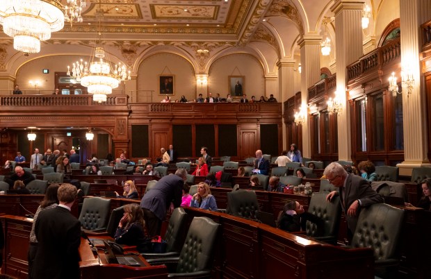 House members speak on the floor between votes on legislation on Jan. 7, 2025, at the Illinois State Capitol in Springfield. (Brian Cassella/Chicago Tribune)