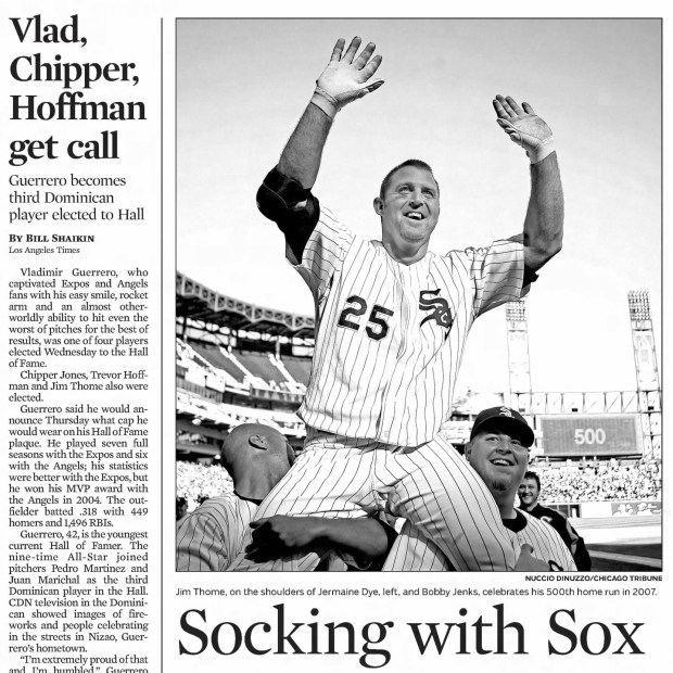 Jim Thome played all but 529 of his 2,543 career games wearing other uniforms, yet the burly Peoria native, who was elected into the Baseball Hall of Fame on Jan. 24, 2018, provided plenty of memorable moments as a member of the Chicago White Sox. (Chicago Tribune)