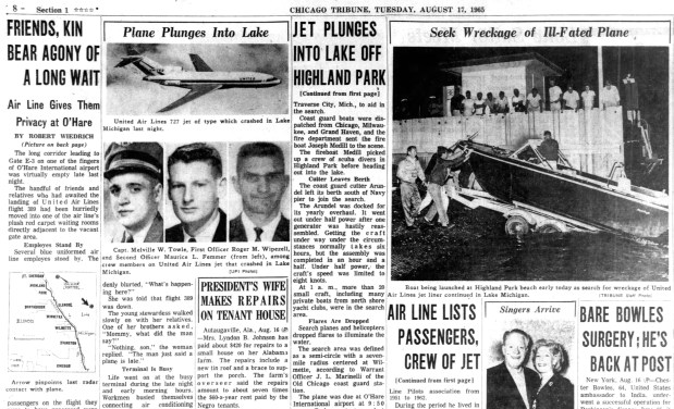 A United Airline 727 jet crashed in Lake Michigan seven miles east of Highland Park on Aug. 16, 1965. The aircraft was just minutes away from landing at O'Hare International Airport. (Chicago Tribune)