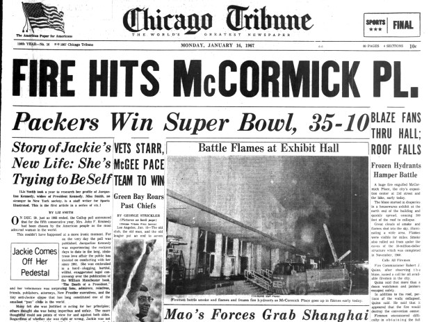 A blaze started in draperies inside a housewares exhibit inside the north end of McCormick Place early on Jan. 16, 1967 and quickly spread. The building was destroyed. (Chicago Tribune)