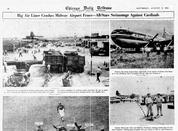 Capt. George A. Stone, pilot of a Northwest Orient Airlines Stratocruiser, told officials the propellers of his aircraft, which was carrying 68 people including him, failed to reverse as he attempted to land at Midway airport on Aug. 5, 1955. (Chicago Tribune)