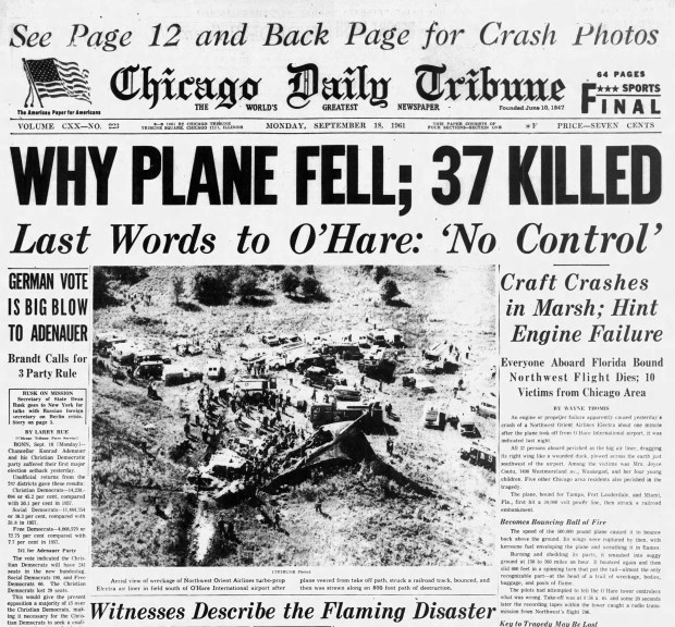 Witnesses described explosions, screams, high flames, and then billowing clouds of jet fuel after a Northwest Orient Airlines Electra crashed about one minute after takeoff from O'Hare International Airport on Sept. 17, 1961. (Chicago Tribune)