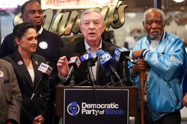 U.S. Sen. Dick Durbin speaks during a press conference held by the Democratic Party of Illinois at Manny's Deli in the West Loop on Election Day, Nov. 5, 2024. (Eileen T. Meslar/Chicago Tribune)