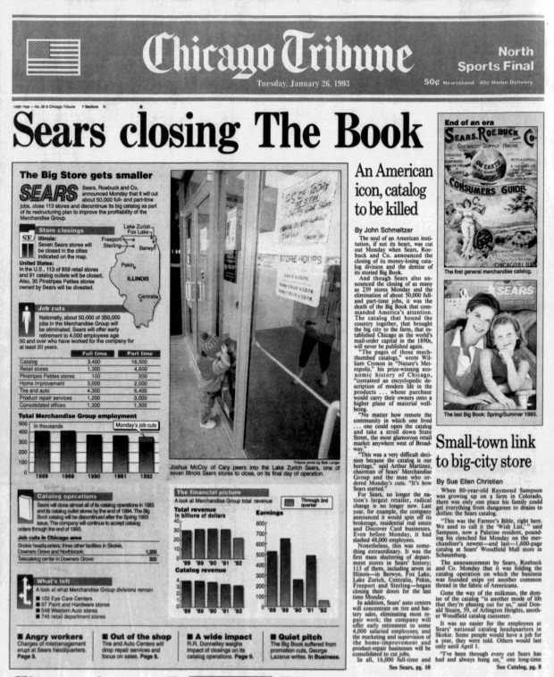 Though Sears announced on Jan. 25, 1993, the closing of as many as 239 stores and the elimination of about 50,000 full- and part-time jobs, it was the death of the Big Book catalog that demanded attention. (Chicago Tribune)