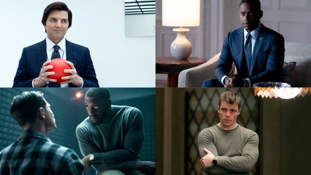 Clockwise from left: Adam Scott in "Severance" (Apple TV+), Sterling K. Brown in "Paradise" (Hulu), Aldis Hodge in "Cross" (Amazon) and Gabriel Basso in "The Night Agent" (Netflix)