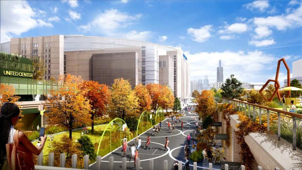 The $7 billion 1901 Project could eventually bring 9,463 new homes as well as hotels and public space to the United Center, which is now mostly surrounded by parking lots. (Field Operations, RIOS)