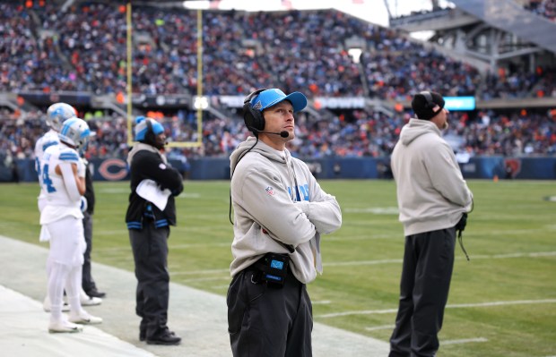 Detroit Lions offensive coordinator Ben Johnson looks on in the second quarter of a game against the Chicago Bears at Soldier Field in Chicago on Dec. 22, 2024. (Chris Sweda/Chicago Tribune)