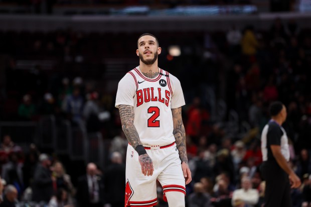 Chicago Bulls guard Lonzo Ball (2) walks off the court in the final minute of the fourth period before the Bulls lost to the New Orleans Pelicans, 119-113, at the United Center Tuesday Jan. 14, 2025, in Chicago. (Armando L. Sanchez/Chicago Tribune)