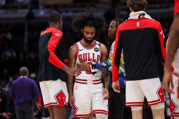 Bulls guard Coby White walks off the court in the final minute of a loss to the Pelicans on Jan. 14, 2025, at the United Center. (Armando L. Sanchez/Chicago Tribune)