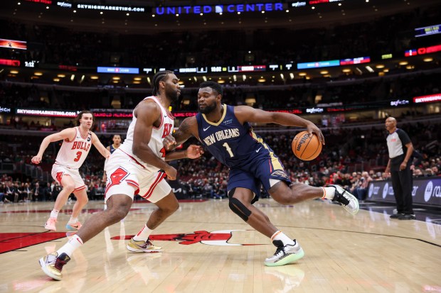 New Orleans Pelicans forward Zion Williamson (1) drives against Chicago Bulls forward Patrick Williams (44) during the first period at the United Center Tuesday Jan. 14, 2025, in Chicago. (Armando L. Sanchez/Chicago Tribune)