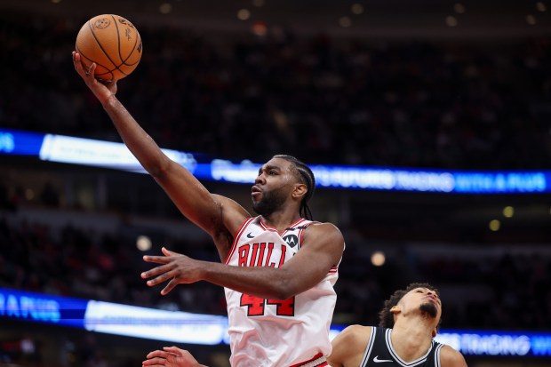 Chicago Bulls forward Patrick Williams (44) goes up for a basket during the third period against the San Antonio Spurs at the United Center Monday Jan. 6, 2025, in Chicago. (Armando L. Sanchez/Chicago Tribune)