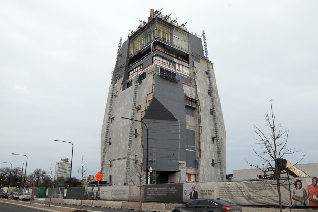 The Obama Presidential Center construction site on Jan. 22, 2025. A person reportedly was injured after falling several stories down a ventilation duct and had to be extricated. (Terrence Antonio James/Chicago Tribune)