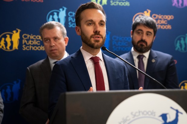 Chicago Public Schools Chief Budget Officer Michael Sitkowski speaks during a press conference on an update on the ongoing negotiations with the Chicago Teachers Union on Jan. 23, 2025. (Audrey Richardson/Chicago Tribune)