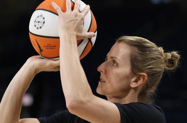 Chicago Sky guard Allie Quigley (14) warms up for the WNBA Commissioner's Cup championship against the Las Vegas Aces at Wintrust Arena Tuesday, July 26, 2022, in Chicago. (John J. Kim/Chicago Tribune)