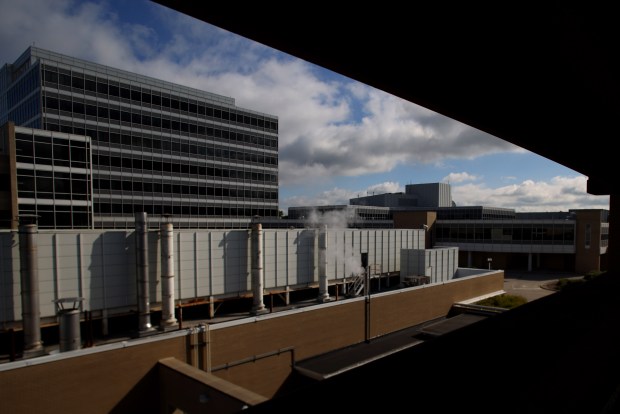 A view of Northwest Community Hospital from the parking garage on Aug. 26, 2022. (Stacey Wescott/Chicago Tribune)