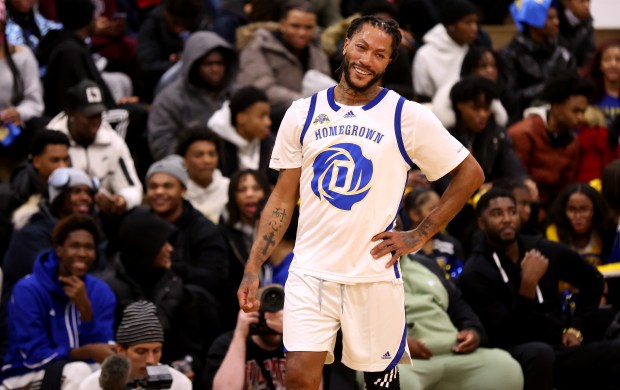 Derrick Rose reacts while playing in a game as he is honored at Simeon Career Academy in Chicago on Friday, Jan. 3, 2025. The Simeon graduate and former Chicago Bulls superstar is being honored at the United Center on Saturday night during a Bulls vs. New York Knicks game. (Chris Sweda/Chicago Tribune)