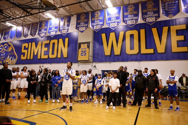 Derrick Rose speaks as he is honored at Simeon Career Academy in Chicago after a game with youths on Friday, Jan. 3, 2025. The Simeon graduate and former Chicago Bulls superstar is being honored at the United Center on Saturday night during a Bulls vs. New York Knicks game. (Chris Sweda/Chicago Tribune)