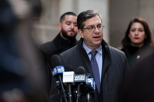 Ald. Scott Waguespack, 32nd, speaks during a press conference outside City Hall on Dec. 3, 2024. (Eileen T. Meslar/Chicago Tribune)