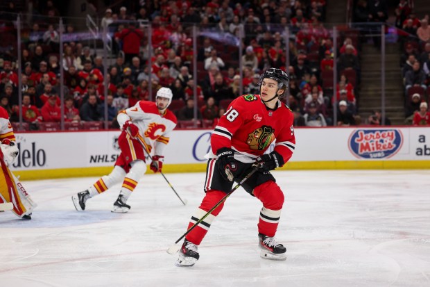 Chicago Blackhawks center Connor Bedard (98) skates on the ice during the first period against the Calgary Flames at the United Center Monday Jan. 13, 2025, in Chicago. (Armando L. Sanchez/Chicago Tribune)