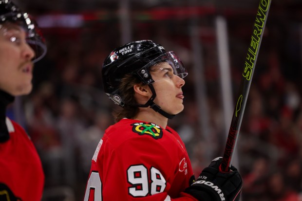 Chicago Blackhawks center Connor Bedard (98) skates on the ice during the first period against the Calgary Flames at the United Center Monday Jan. 13, 2025, in Chicago. (Armando L. Sanchez/Chicago Tribune)