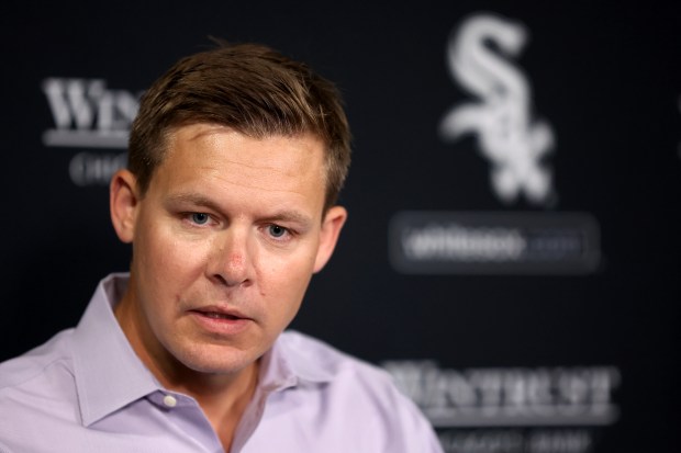 White Sox general manager Chris Getz speaks before a game against the Angels on Sept. 24, 2024, at Guaranteed Rate Field. (Chris Sweda/Chicago Tribune)