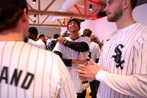 White Sox prospect Braden Montgomery has a laugh with teammates during a player-media reception to start SoxFest Live on Jan. 24, 2025, at the Ramova Theatre in Chicago's Bridgeport neighborhood. (Chris Sweda/Chicago Tribune)